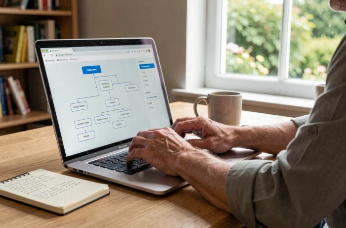 Mains sur un clavier d'ordinateur affichant une interface de plan de site hiérarchique dans un bureau à domicile