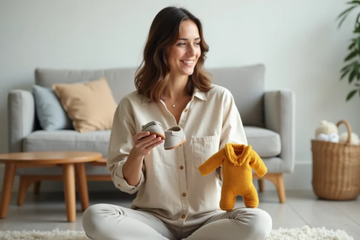 Jeune maman tenant des chaussons souples et une grenouillère polaire jaune moutarde, choisissant des vêtements tendance pour bébé dans un salon moderne