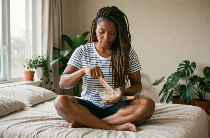 Femme appliquant un masque capillaire maison sur ses cheveux crépus pour favoriser leur pousse