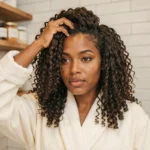 Femme aux cheveux crépus naturels se massant le cuir chevelu avec des huiles naturelles dans une salle de bain