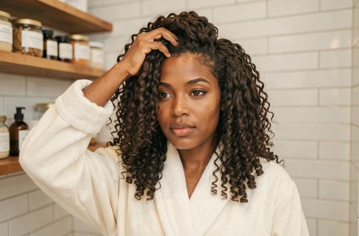 Femme aux cheveux crépus naturels se massant le cuir chevelu avec des huiles naturelles dans une salle de bain