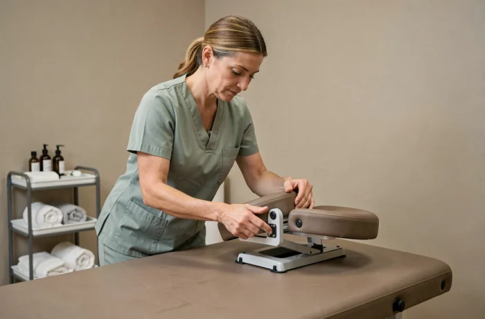 Masseuse professionnelle réglant le repose-tête d'une table de massage pliante portable en salle de soin
