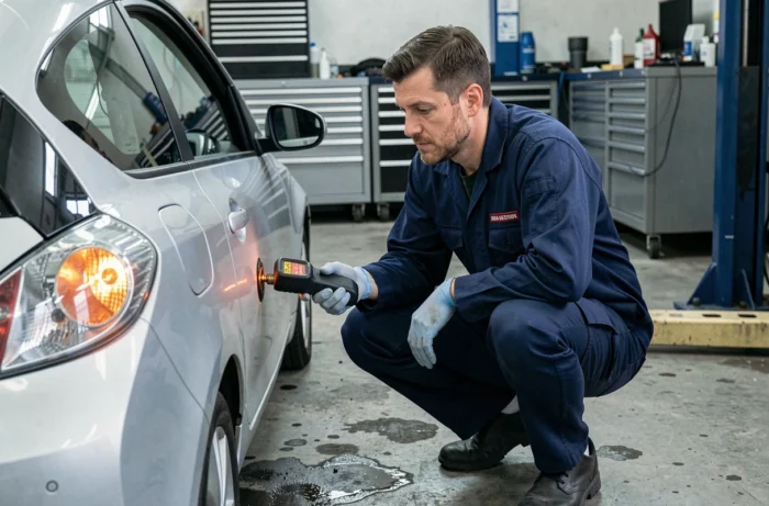 Mécanicien diagnostiquant un feu orange clignotant avec un lecteur OBD dans un garage automobile