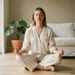 Femme pratiquant la méditation assise sur le sol en bois dans un salon minimaliste pour améliorer son bien-être quotidien