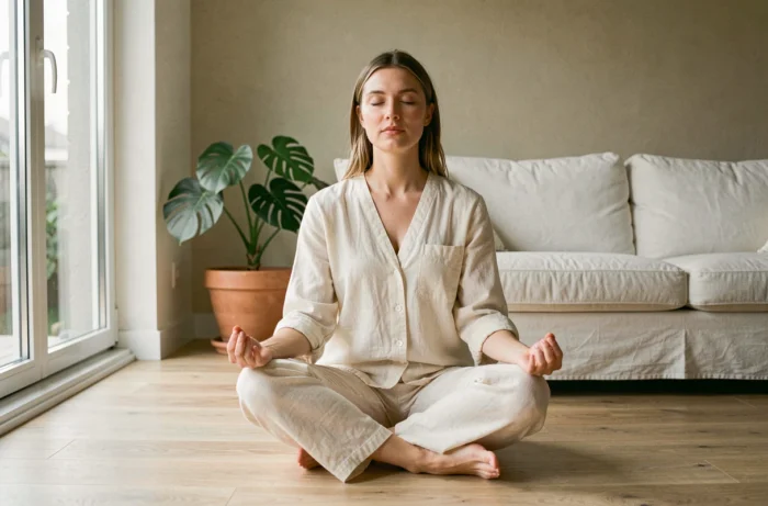 Femme pratiquant la méditation assise sur le sol en bois dans un salon minimaliste pour améliorer son bien-être quotidien