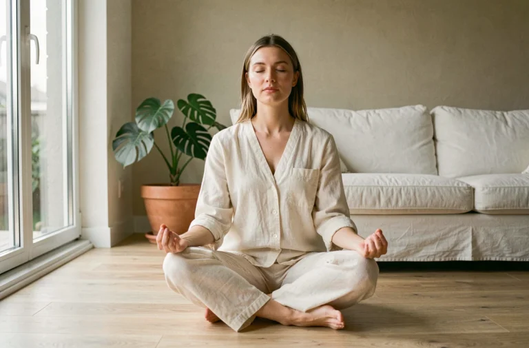 Femme pratiquant la méditation assise sur le sol en bois dans un salon minimaliste pour améliorer son bien-être quotidien