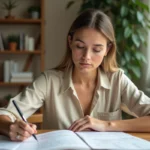 Mère de famille calculant le coût d'une place en micro-crèche à la maison avec des documents et un carnet