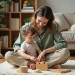 Mère sereine jouant avec son tout-petit sur le sol d'un salon chaleureux, illustrant une parentalité épanouie au quotidien