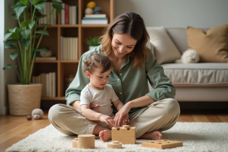 Mère sereine jouant avec son tout-petit sur le sol d'un salon chaleureux, illustrant une parentalité épanouie au quotidien