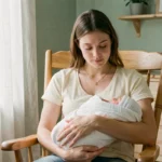 Jeune mère tenant tendrement son nouveau-né dans une chambre de bébé apaisante avec mobilier en bois clair et murs vert sauge