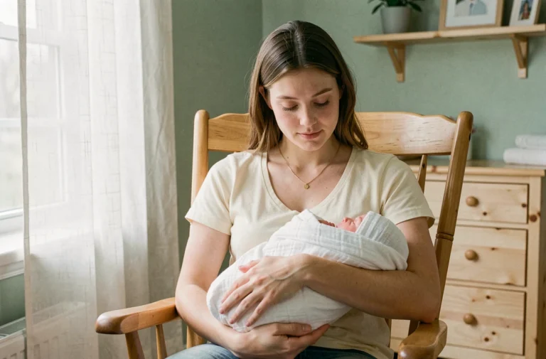 Jeune mère tenant tendrement son nouveau-né dans une chambre de bébé apaisante avec mobilier en bois clair et murs vert sauge