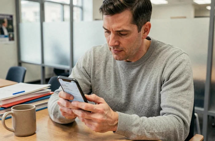 Enseignant consultant sa messagerie académique de Strasbourg sur smartphone dans une salle de pause
