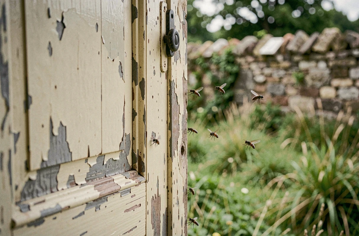 Mouches entrant par une porte entrouverte d'une maison de campagne française, vue réaliste de l'infestation
