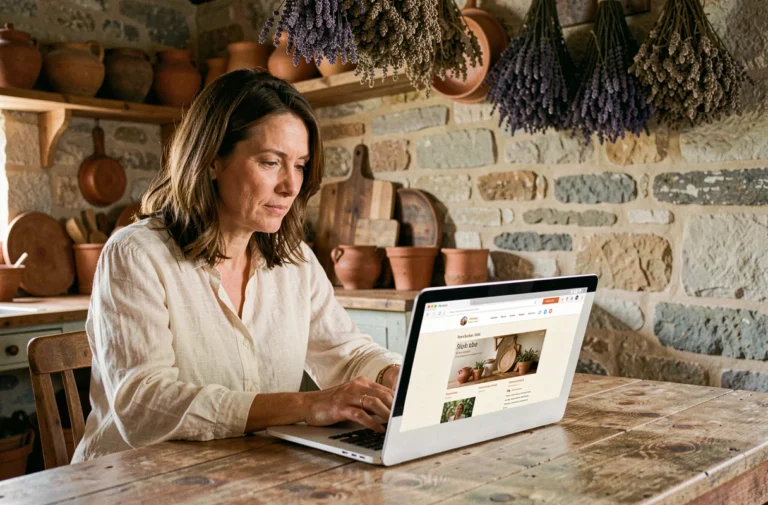 Femme naviguant sur le plan du site de La Fermette De Marie depuis une cuisine rustique en pierre