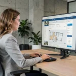 Femme professionnelle naviguant sur un site immobilier structuré depuis un bureau moderne avec grand écran