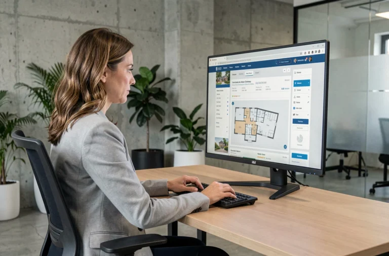 Femme professionnelle naviguant sur un site immobilier structuré depuis un bureau moderne avec grand écran