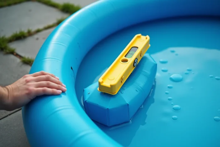 Niveau à bulle posé sur le rebord d'une piscine autoportée gonflable pour mesurer son inclinaison