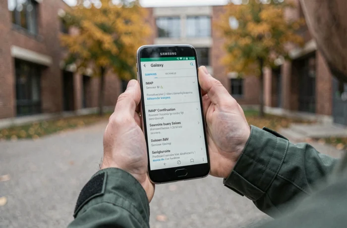 Mains tenant un smartphone affichant les paramètres IMAP pour configurer la messagerie INSA Rouen