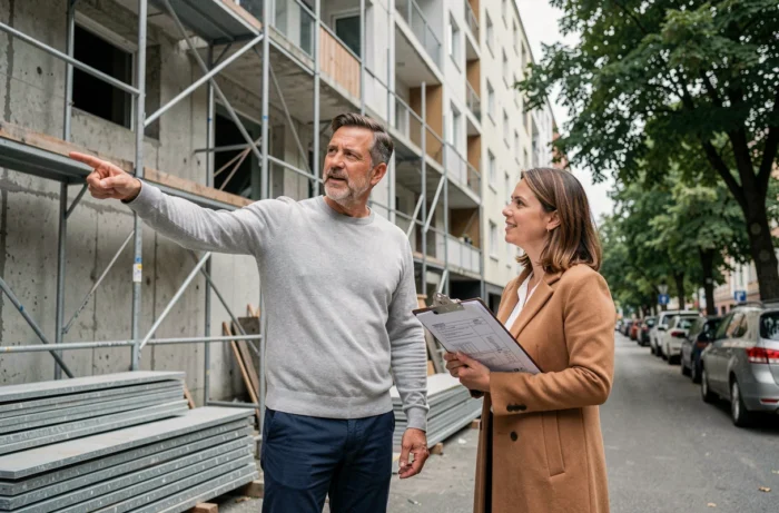 Partenaires immobiliers évaluant un immeuble résidentiel en rénovation sur le terrain dans le cadre d'un investissement commun