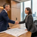 Deux professionnels de l'immobilier scellant un partenariat d'investissement par une poignée de main dans un bureau moderne avec des plans architecturaux