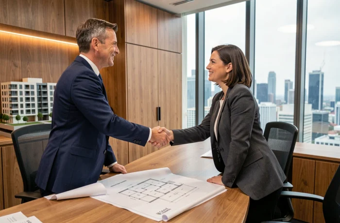 Deux professionnels de l'immobilier scellant un partenariat d'investissement par une poignée de main dans un bureau moderne avec des plans architecturaux