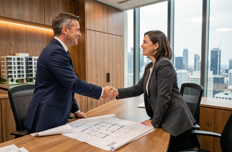 Deux professionnels de l'immobilier scellant un partenariat d'investissement par une poignée de main dans un bureau moderne avec des plans architecturaux
