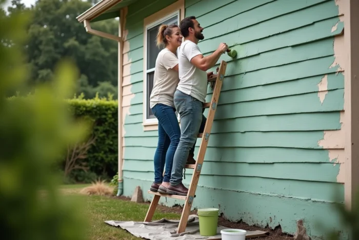 Couple peignant la façade extérieure d'une maison en vert sauge lors de travaux de rénovation