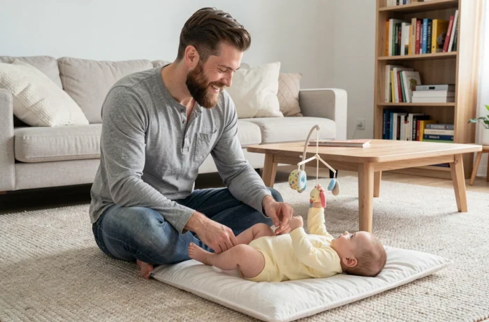 Père souriant assis sur un tapis avec son bébé sur un tapis d'éveil dans un salon moderne et lumineux