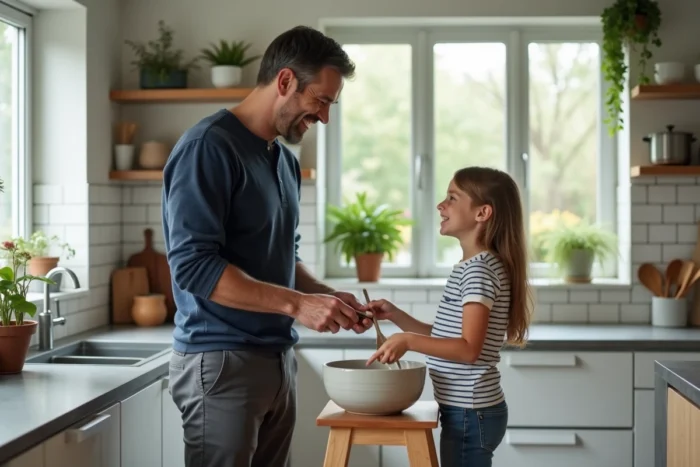 Père et fille préparant un repas ensemble dans une cuisine moderne, symbole de partage et de parentalité positive