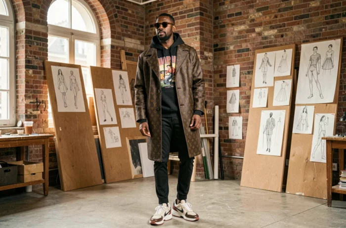 Homme en manteau Louis Vuitton monogramme dans un atelier parisien illustrant la trajectoire de Pharrell Williams du streetwear à la direction artistique