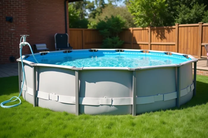Vue large d'une piscine hors sol à armature métallique remplie d'eau dans un jardin familial