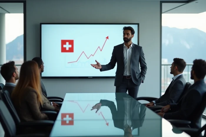 Pitch de startup dans une salle de conférence suisse moderne avec investisseurs et entrepreneur devant une présentation projetée