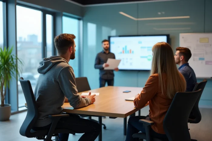 Jeune entrepreneur suisse présentant son pitch deck à des investisseurs dans un incubateur d'entreprises avec vue sur la ville