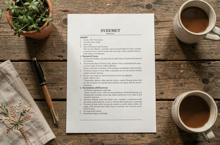 Plan du site imprimé posé sur une table en bois avec des accessoires de ferme authentiques