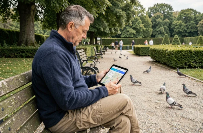 Homme planifiant un trajet piéton sur Google Maps depuis une tablette dans un parc urbain
