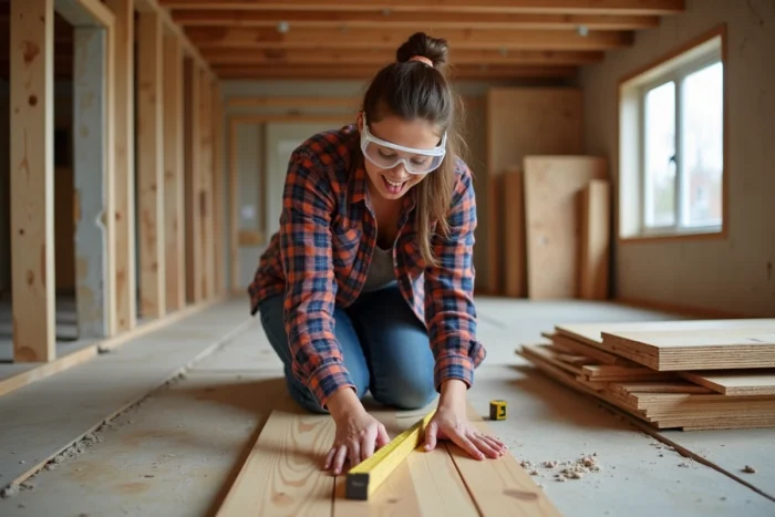 Femme mesurant des lames de parquet en bois dans une cuisine en cours de rénovation