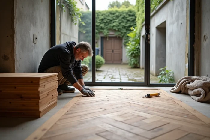 Artisan posant un parquet en chêne point de Hongrie dans une pièce en rénovation à Nantes, avec fenêtre industrielle donnant sur une cour pavée