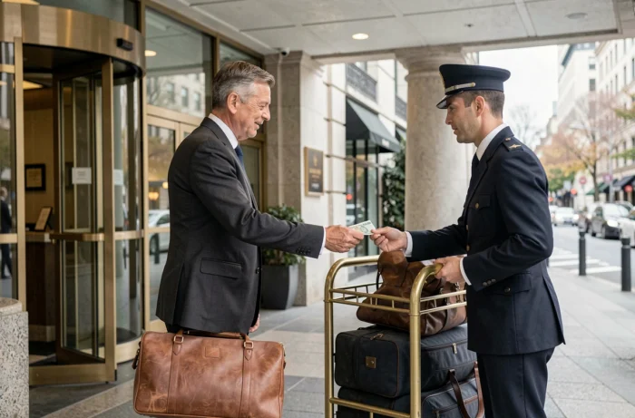 Voyageur d'affaires donnant un pourboire au bagagiste à l'entrée d'un grand hôtel 5 étoiles