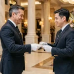 Concierge d'hôtel 5 étoiles remettant discrètement un pourboire à un groom dans un hall de marbre luxueux
