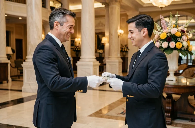 Concierge d'hôtel 5 étoiles remettant discrètement un pourboire à un groom dans un hall de marbre luxueux
