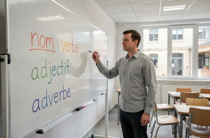 Professeur de français expliquant les classes grammaticales au tableau dans une salle de cours de 6ème