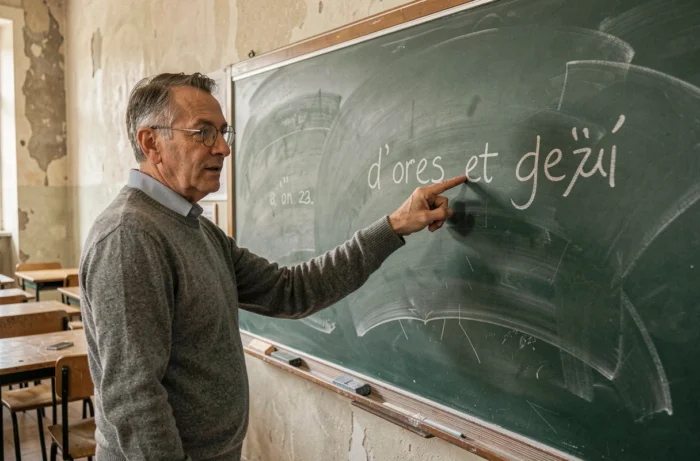 Professeur de français pointant l'expression 'd'ores et déjà' écrite à la craie sur un tableau noir dans une salle de classe universitaire