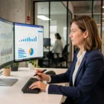 Professionnelle analysant des tableaux de bord numériques sur des écrans dans un bureau moderne pour booster son entreprise grâce aux services digitaux