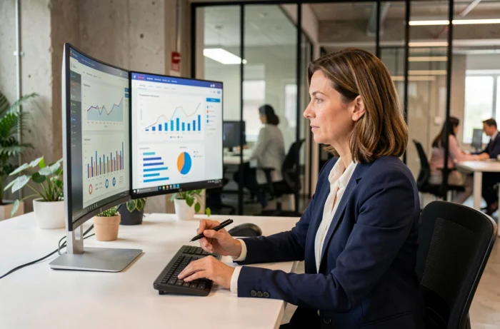 Professionnelle analysant des tableaux de bord numériques sur des écrans dans un bureau moderne pour booster son entreprise grâce aux services digitaux