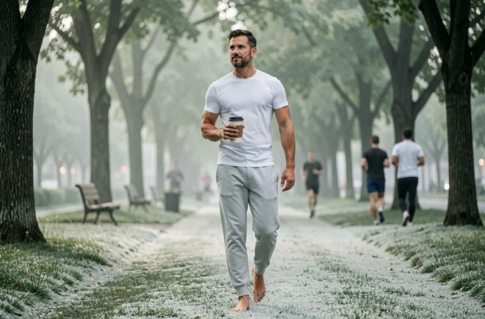 Homme marchant pieds nus dans un parc urbain le matin avec un café, illustrant une routine de bien-être au quotidien