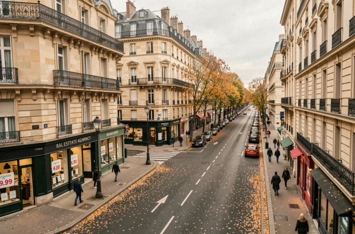 Vue de rue d'un quartier parisien en automne avec vitrines d'agences immobilières affichant les prix du marché 2024