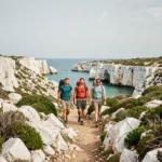 Randonneurs sur le sentier côtier menant à la calanque de la Vesse, falaises calcaires et mer turquoise en arrière-plan