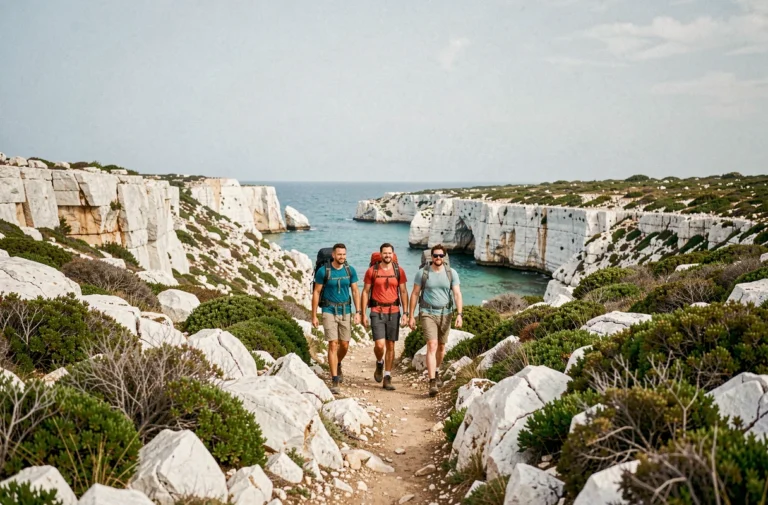 Randonneurs sur le sentier côtier menant à la calanque de la Vesse, falaises calcaires et mer turquoise en arrière-plan