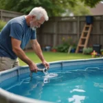 Homme remplissant une piscine hors sol avec un tuyau d'arrosage dans un jardin résidentiel