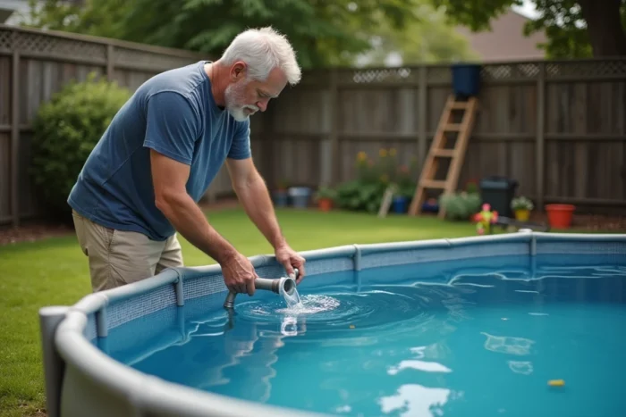 Homme remplissant une piscine hors sol avec un tuyau d'arrosage dans un jardin résidentiel